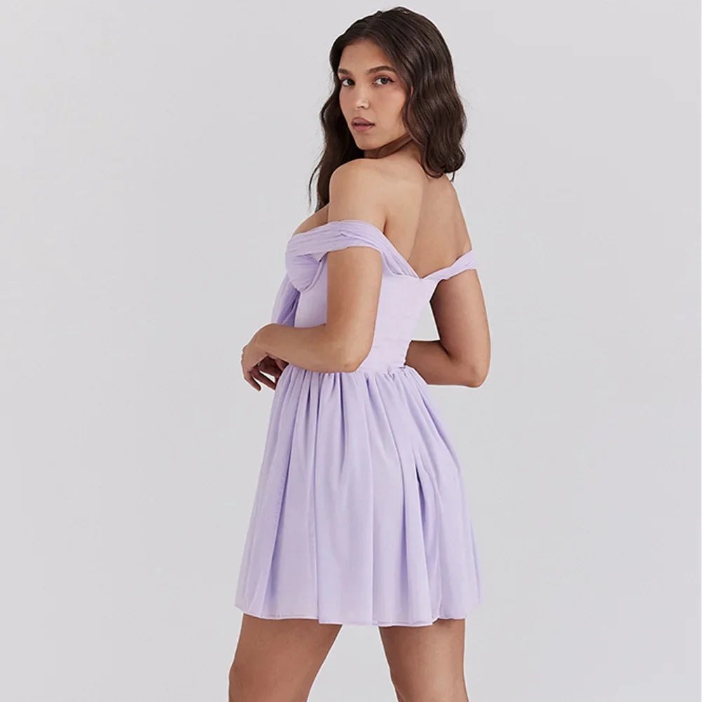 Purple Off Shoulder Mesh Mini Dress