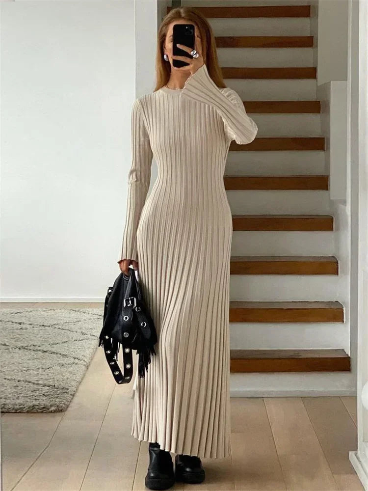 Lace-Up Long Sleeve Knitwear Maxi Dress