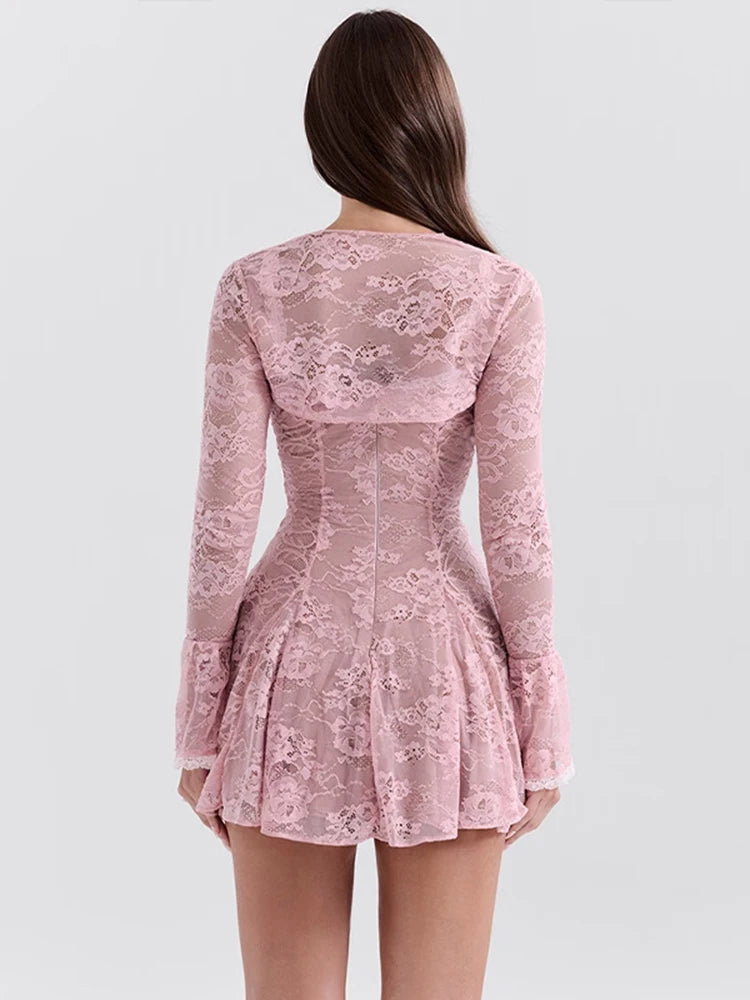 Pink Lace Flare Sleeve Mini Dress