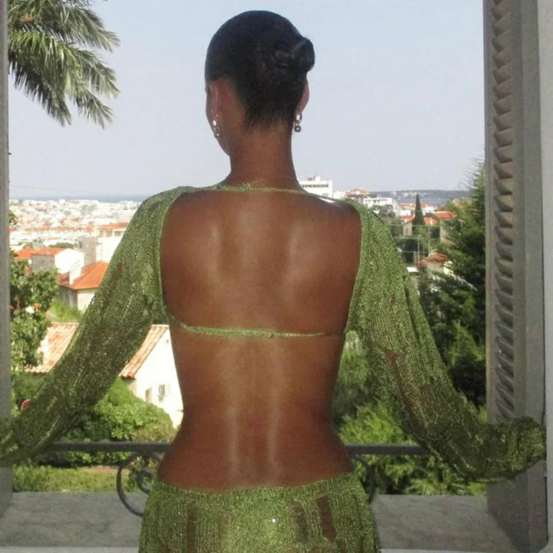 Green Knitted See Through Backless Maxi Dress