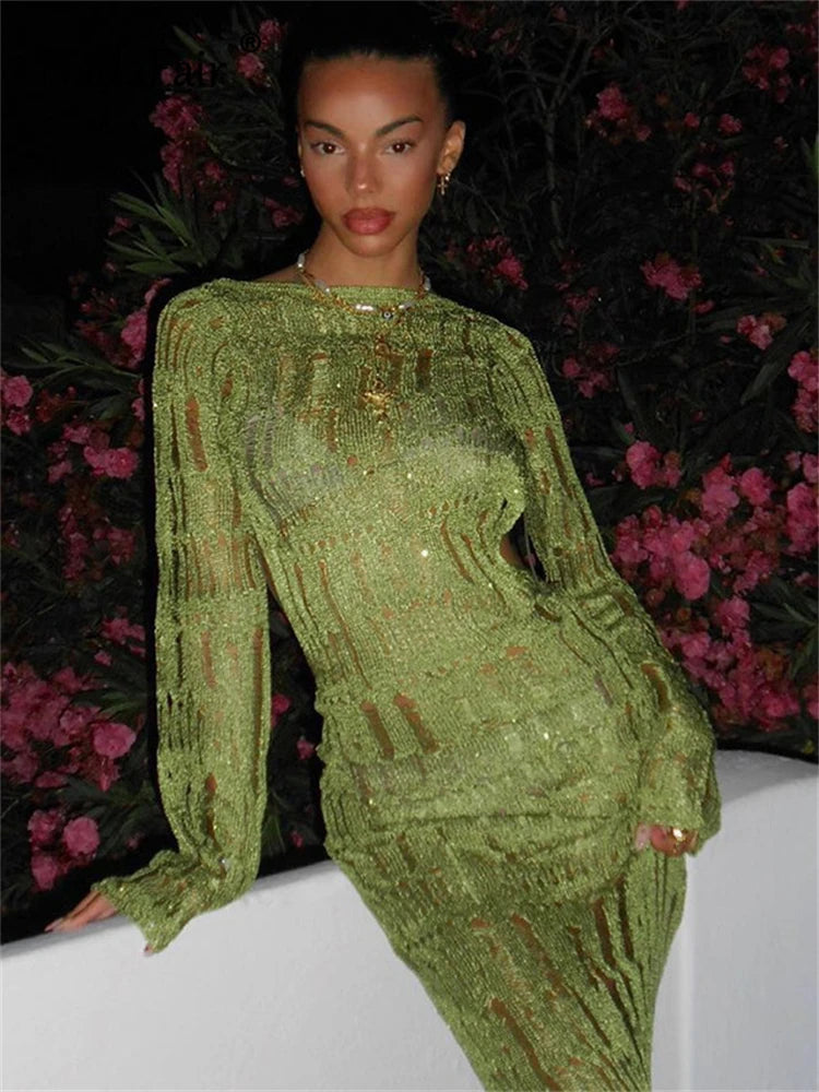 Green Knitted See Through Backless Maxi Dress