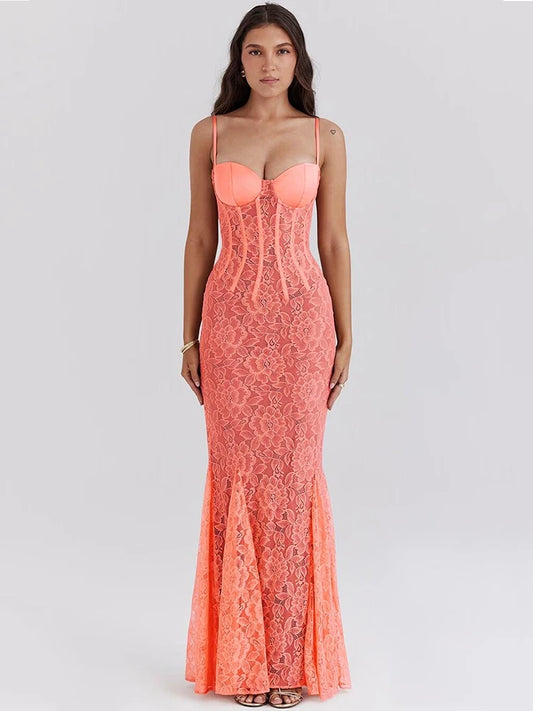 Orange Floral Lace Backless Maxi Dress