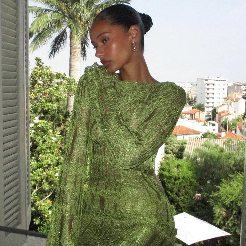 Green Knitted See Through Backless Maxi Dress