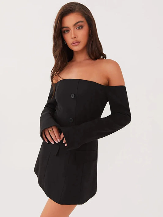 Off Shoulder Button Mini Dress