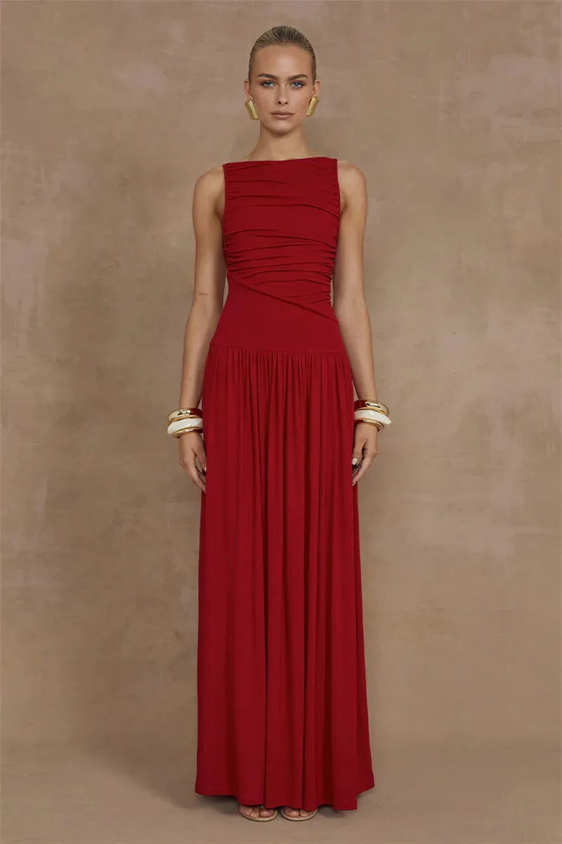 O-Neck Ruched Maxi Dress