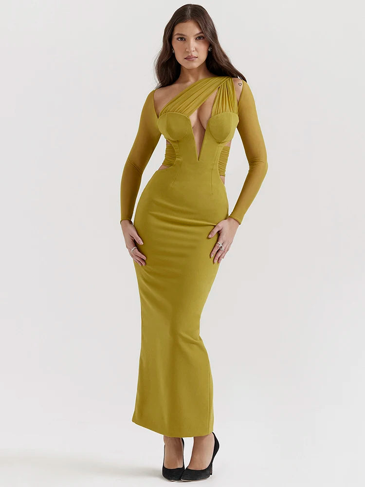 Yellow Hollow Out Mesh Bodycon Maxi Dress