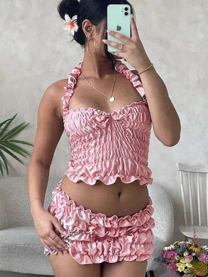 Pink Silky Top and Mini Skirt Set