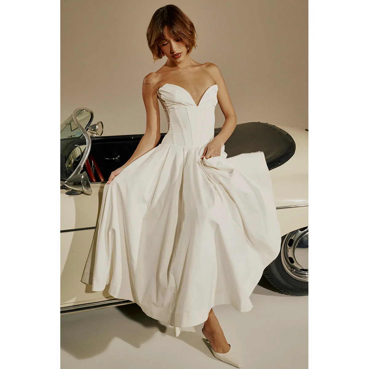 White Strapless Corset Midi Dress