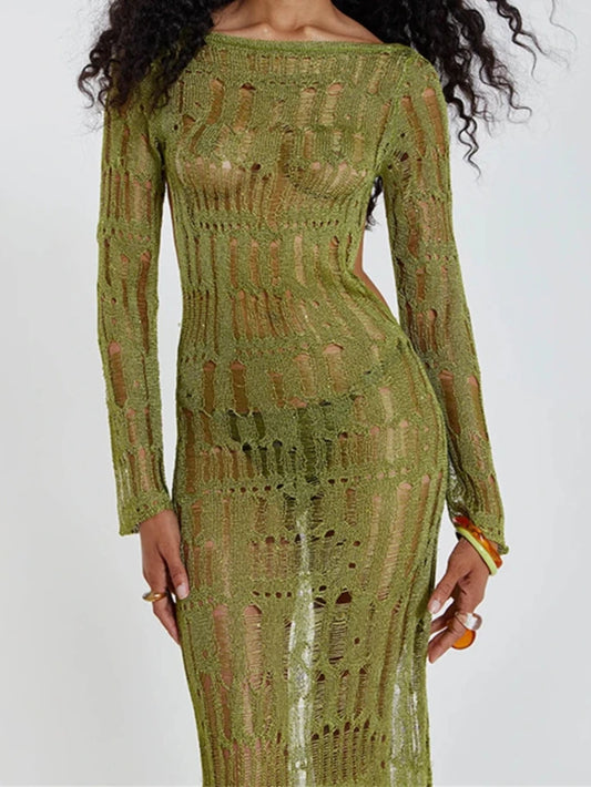 Green Knitted See Through Backless Maxi Dress