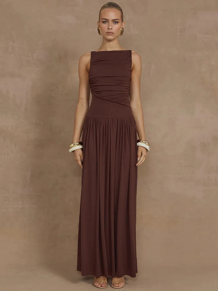 O-Neck Ruched Maxi Dress