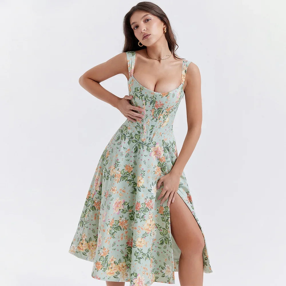 Green Lace Up Floral Dress