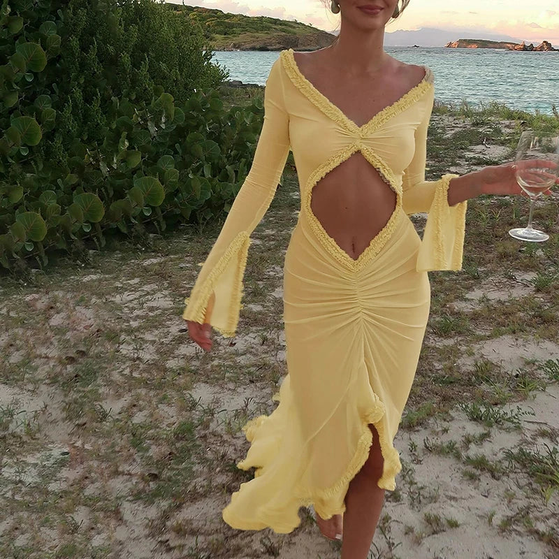 Yellow Mesh See Through Maxi Dress