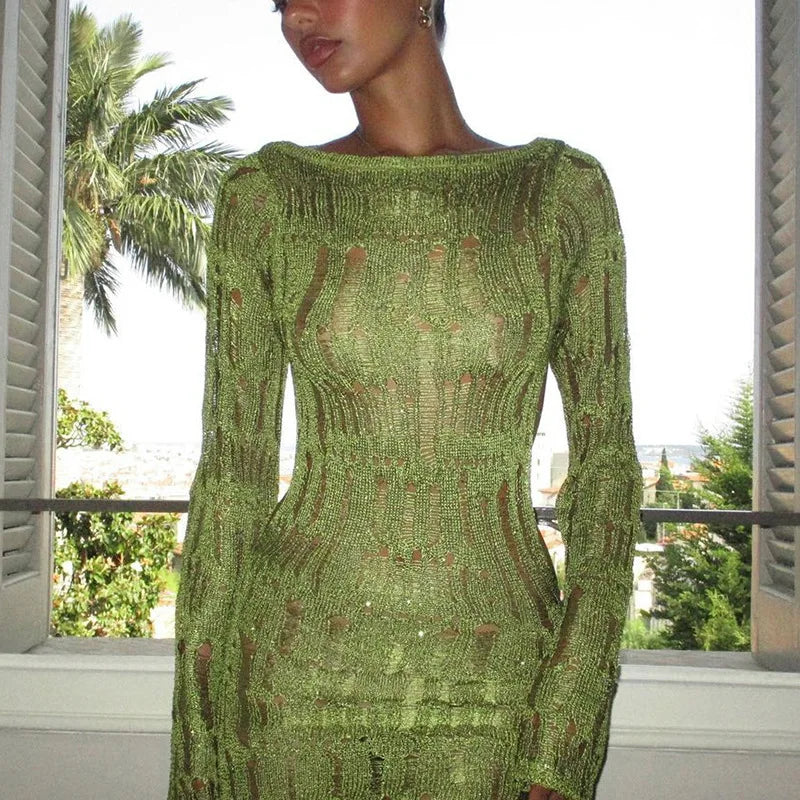 Green Knitted See Through Backless Maxi Dress