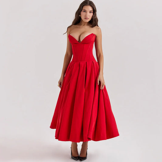 Red Strapless Corset Midi Dress