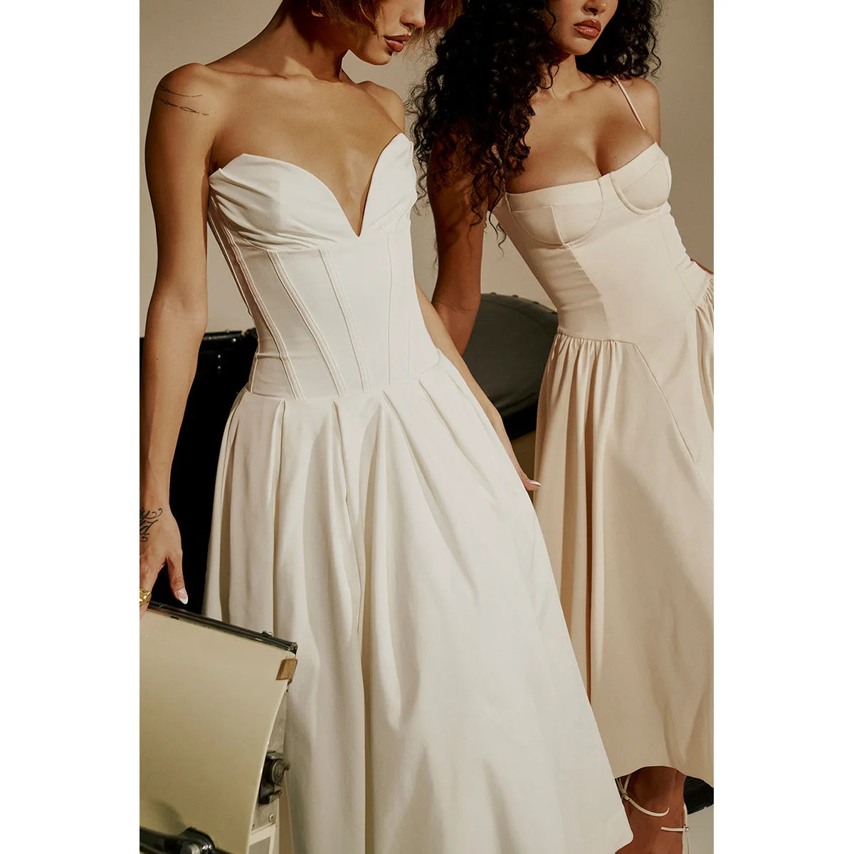 White Strapless Corset Midi Dress