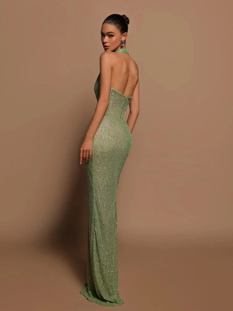 Green Deep V-Neck Backless Maxi Dress