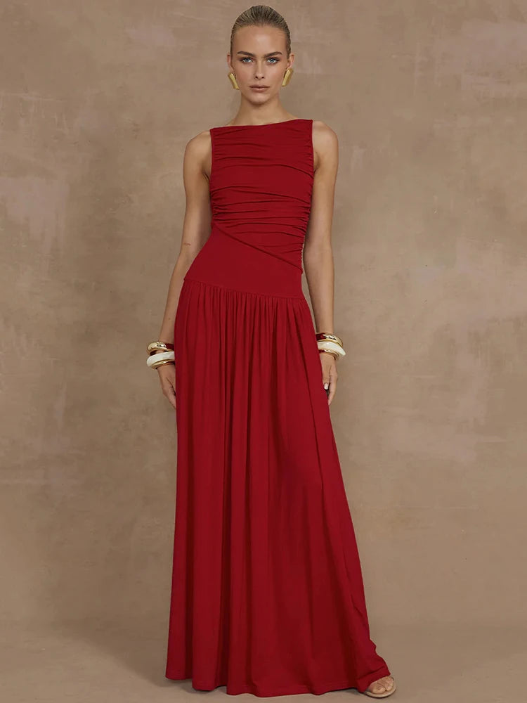 O-Neck Ruched Maxi Dress