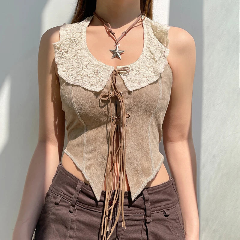 Khaki Lace Backless Top