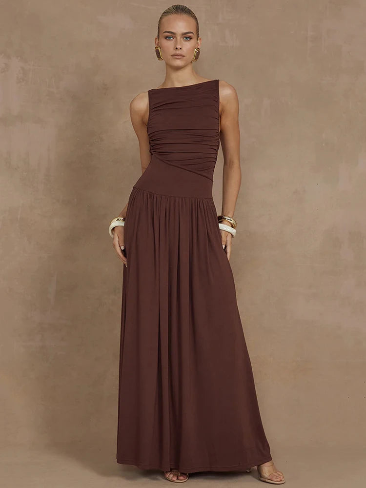 O-Neck Ruched Maxi Dress