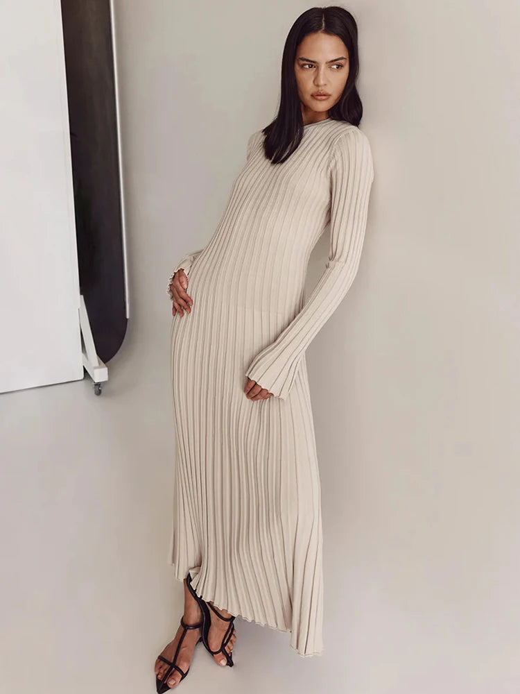 Lace-Up Long Sleeve Knitwear Maxi Dress