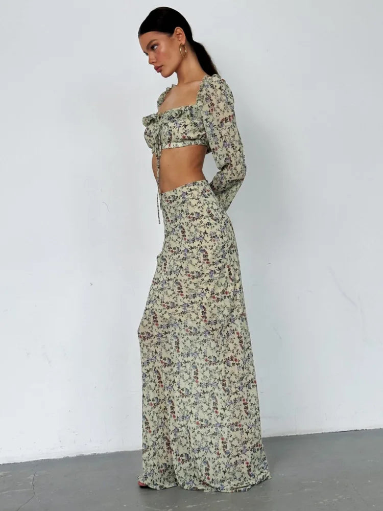 Green Long Sleeved Top Maxi Skirt Two Piece Set