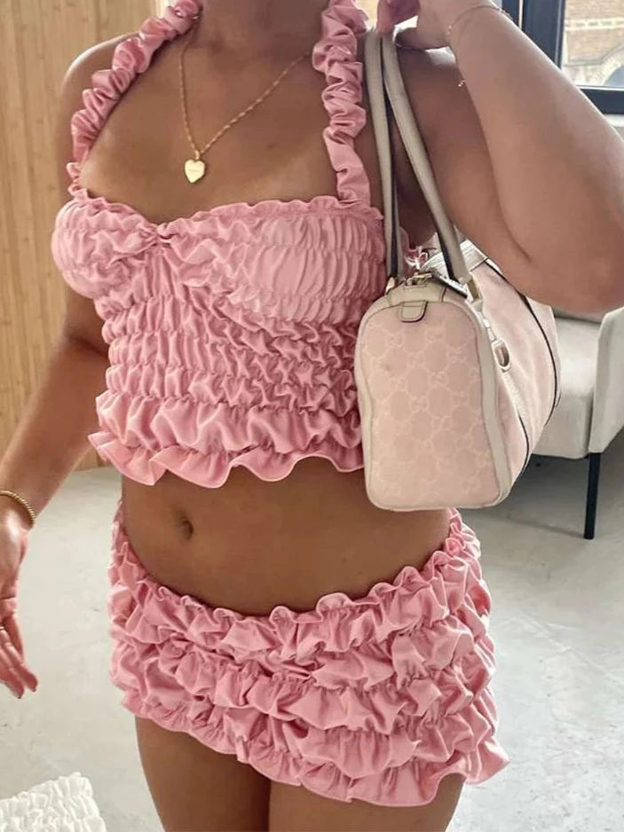 Pink Silky Top and Mini Skirt Set