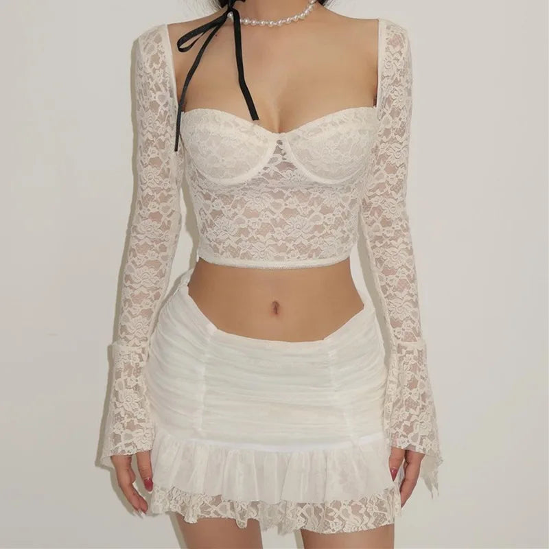 Lace See Through Top Skirt Two Piece Set