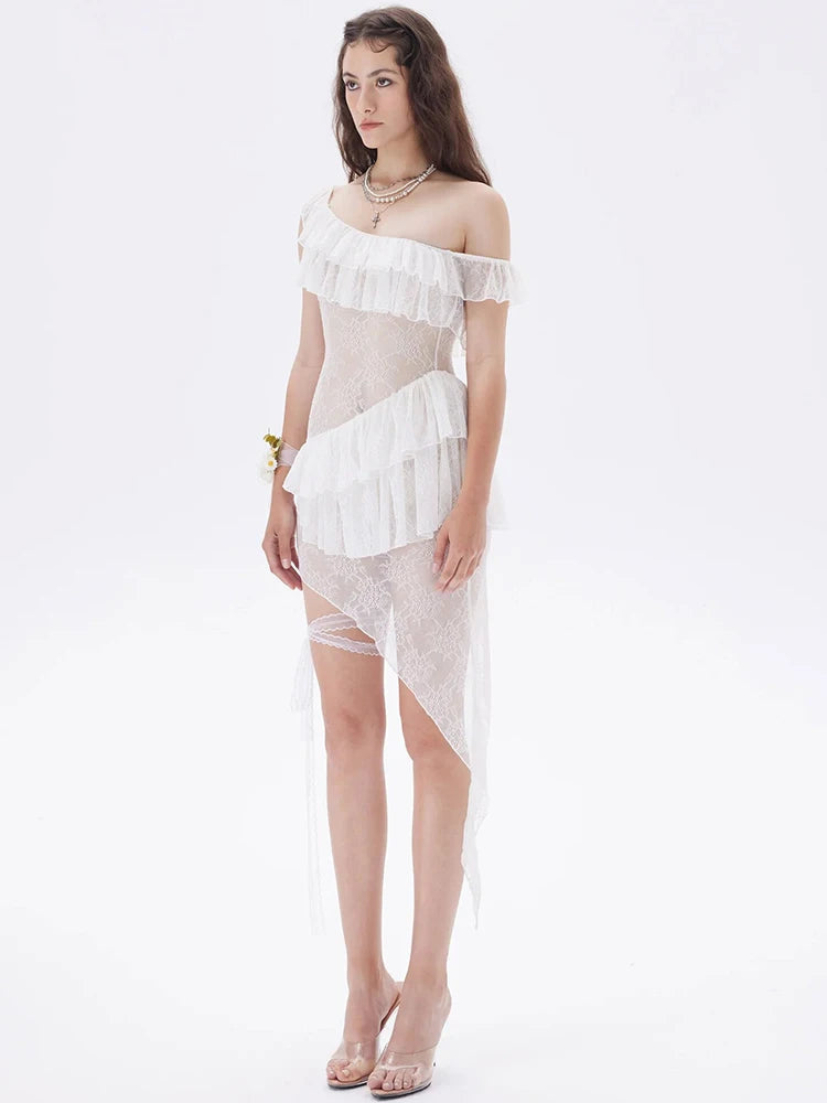 White See Through Lace Ruffle Dress