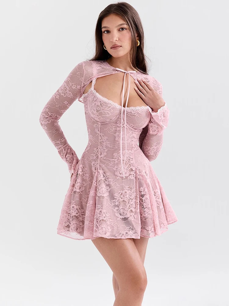 Pink Lace Flare Sleeve Mini Dress