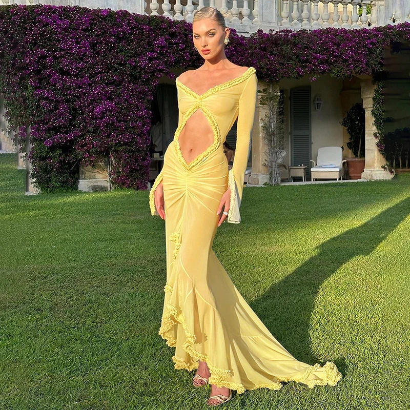 Yellow Mesh See Through Maxi Dress