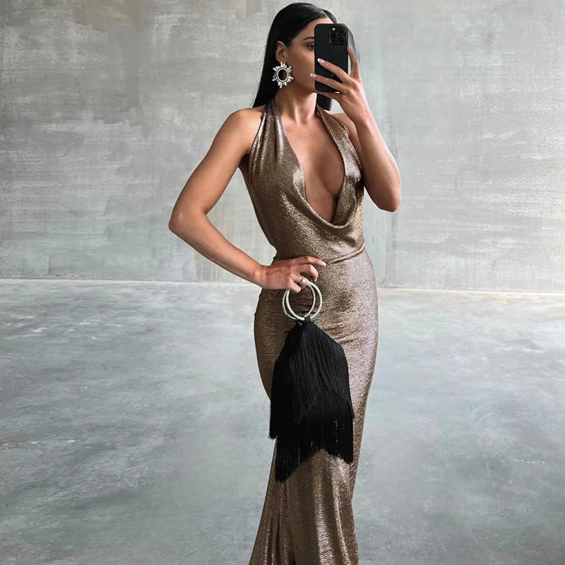 Deep V Neck Backless Maxi Dress