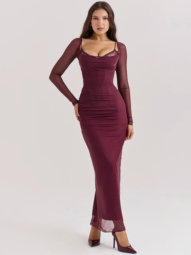 Wine Sheer Mesh Maxi Dress