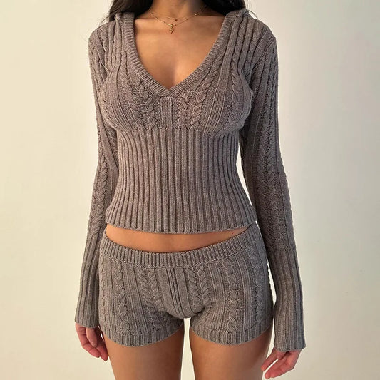 Knitted Sweater & Mini Shorts Two Piece Set