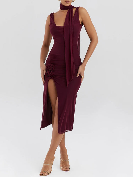 Wine Split Backless Midi Dress