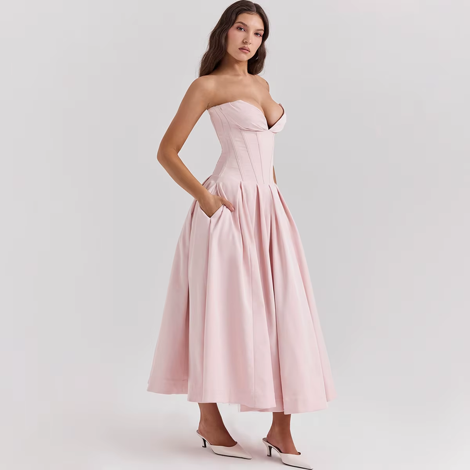 Pink Strapless Corset Midi Dress