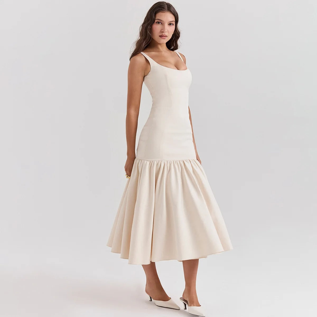 White Ruffles Slim Fishtail Midi Dress