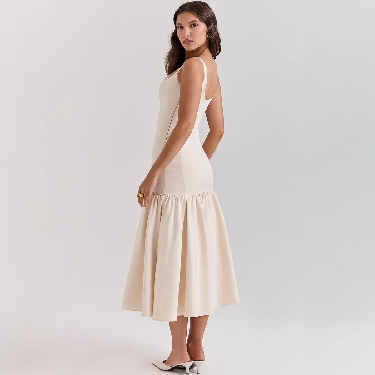 White Ruffles Slim Fishtail Midi Dress