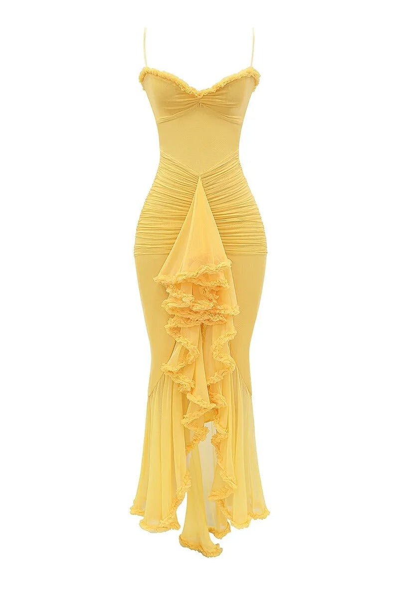 Yellow Ruffle Mesh Maxi Dress