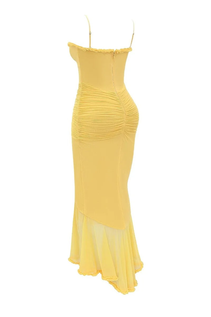 Yellow Ruffle Mesh Maxi Dress