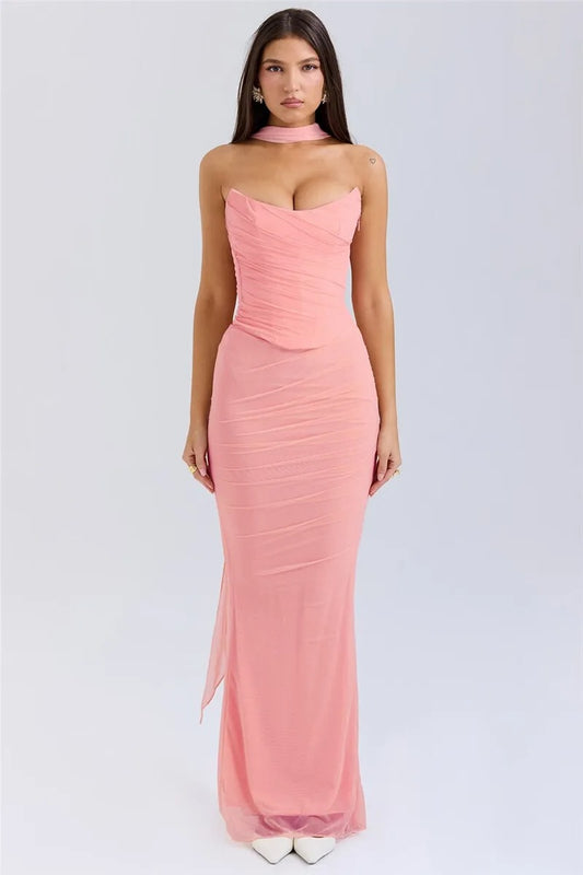 Pink Strapless Top and Maxi Skirt Set