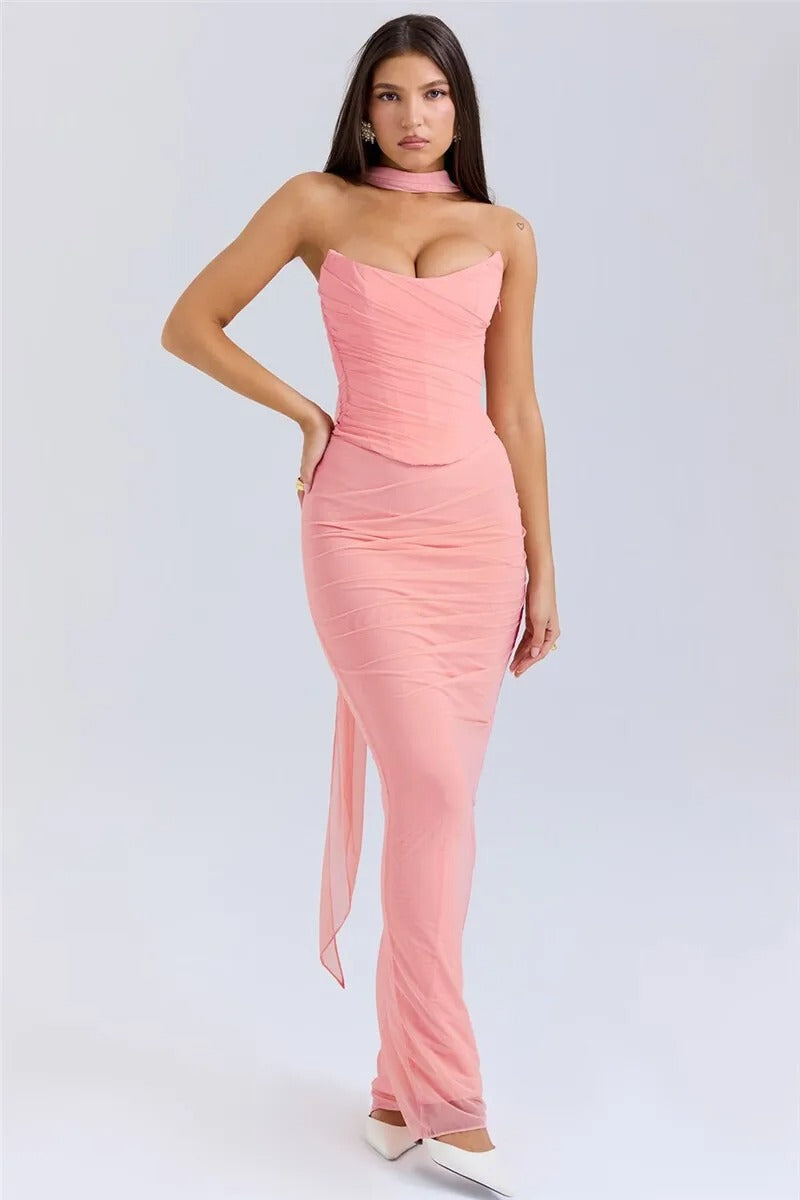 Pink Strapless Top and Maxi Skirt Set