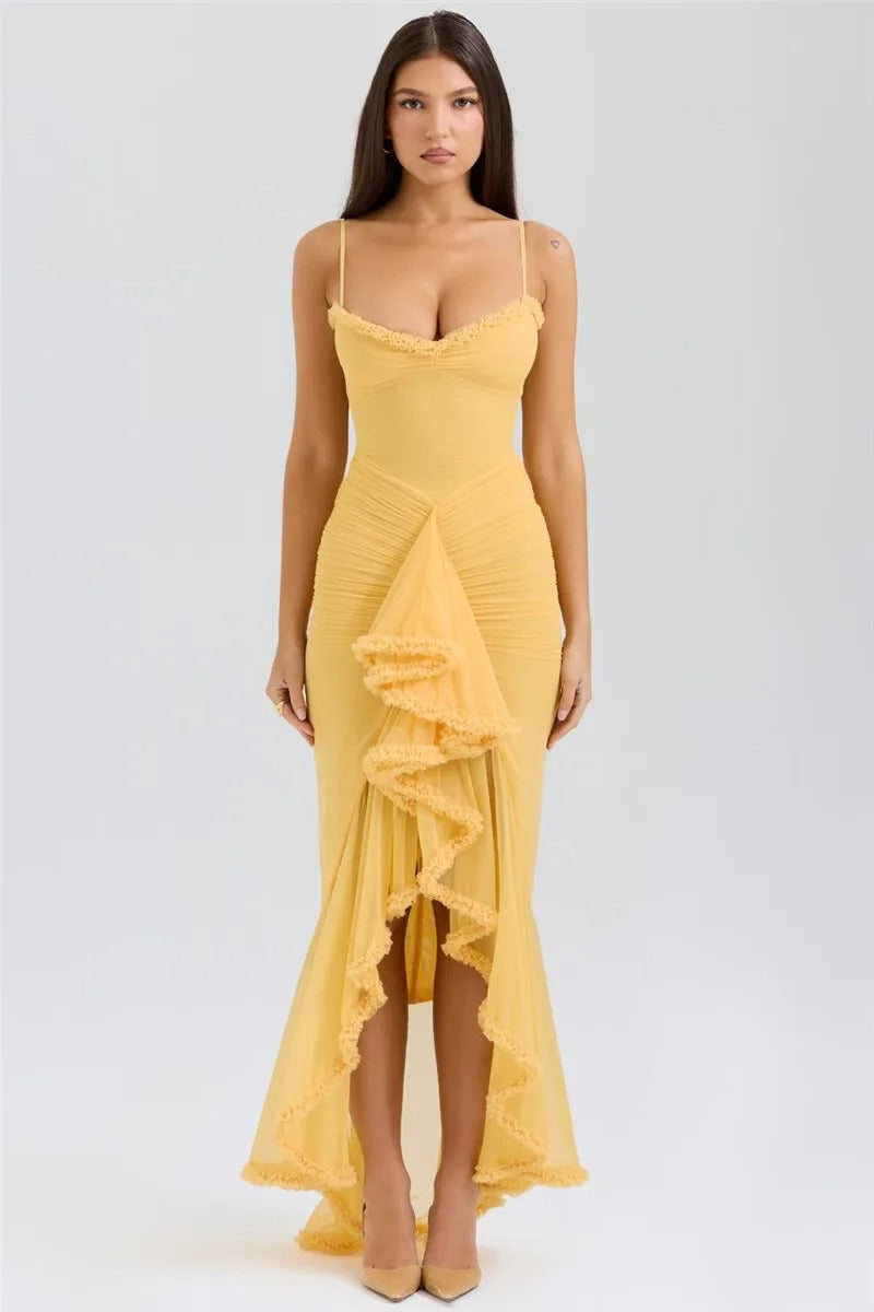 Yellow Ruffle Mesh Maxi Dress