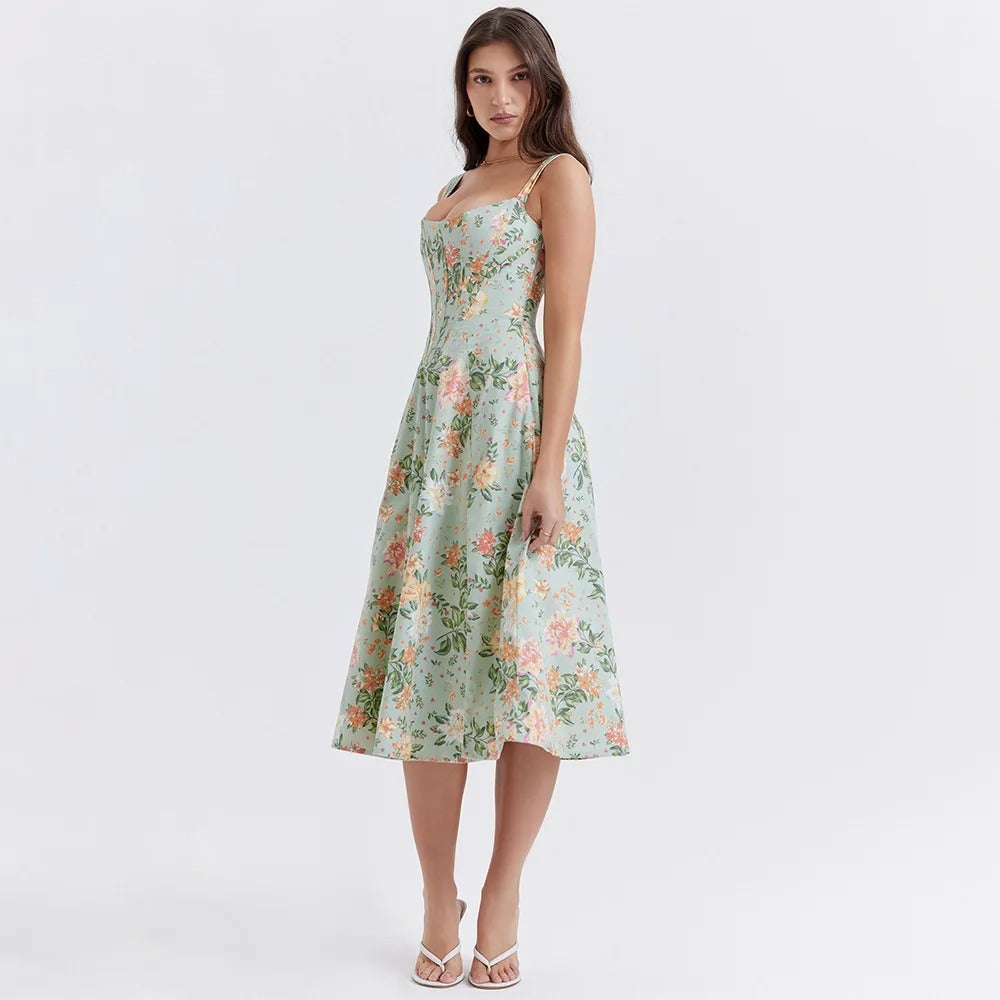 Green Lace Up Floral Dress