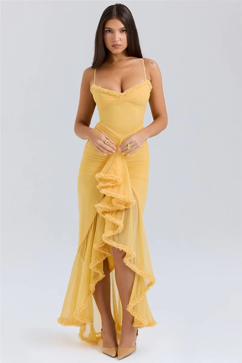 Yellow Ruffle Mesh Maxi Dress