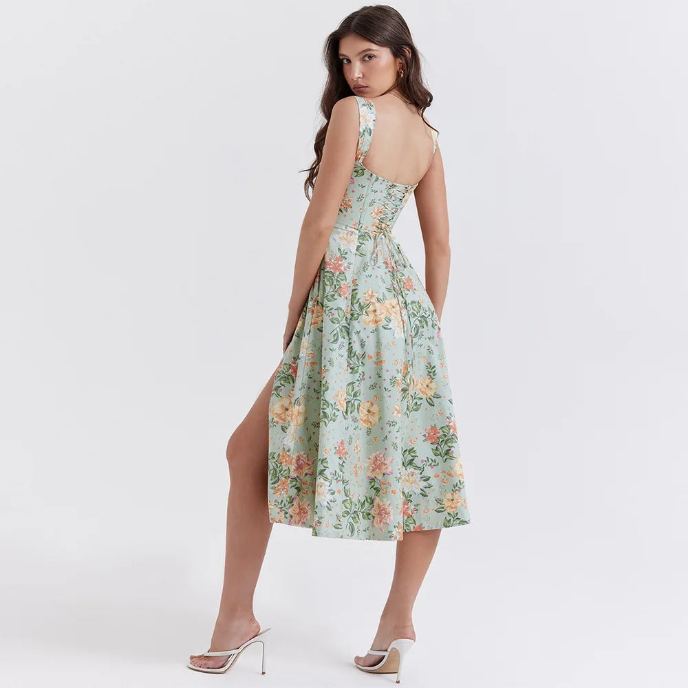 Green Lace Up Floral Dress