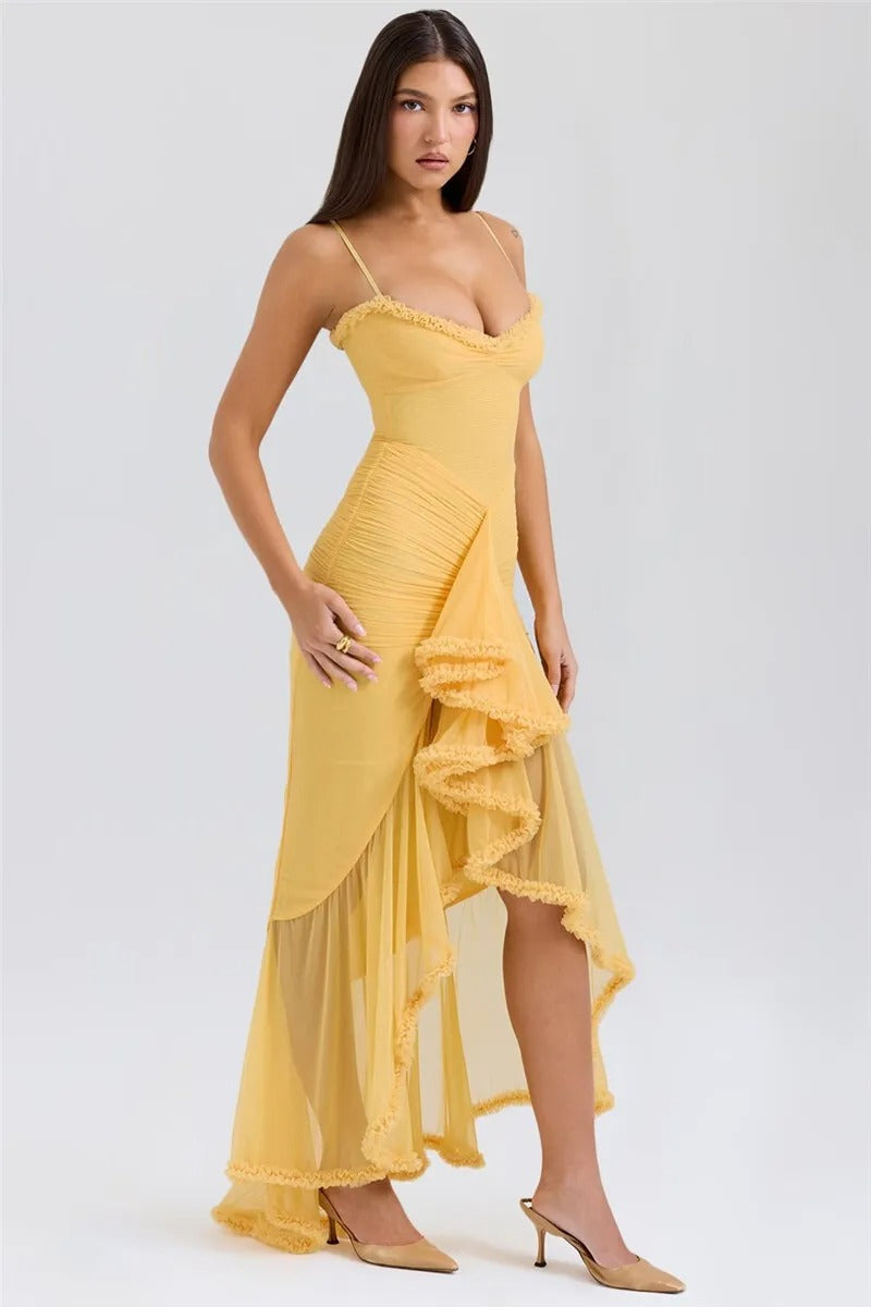 Yellow Ruffle Mesh Maxi Dress