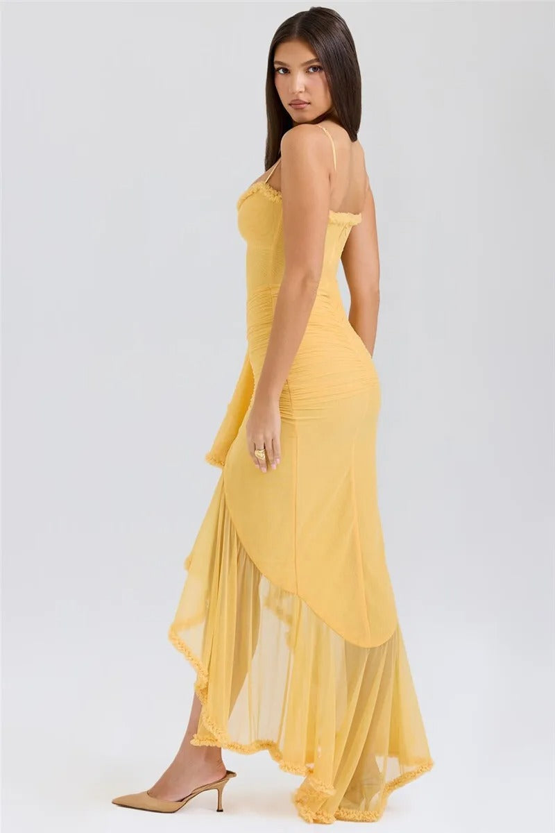 Yellow Ruffle Mesh Maxi Dress