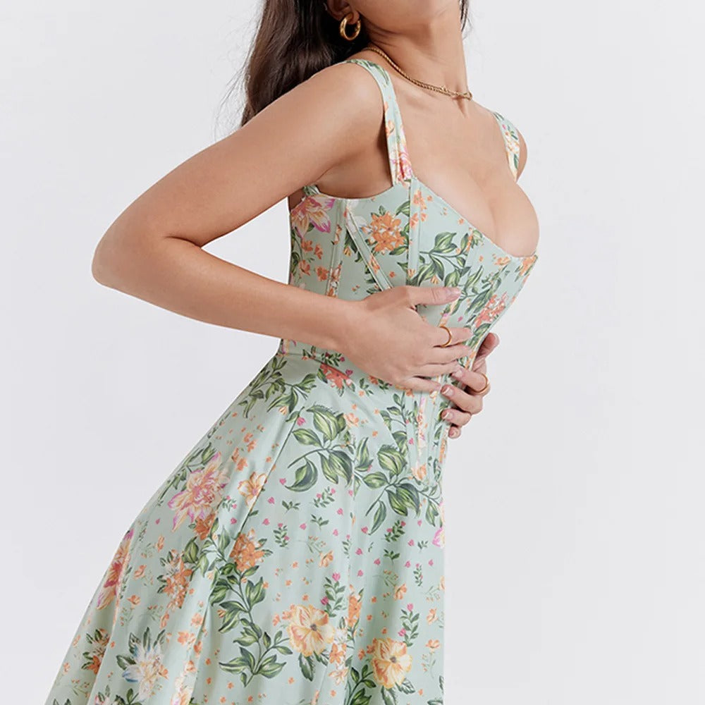 Green Lace Up Floral Dress