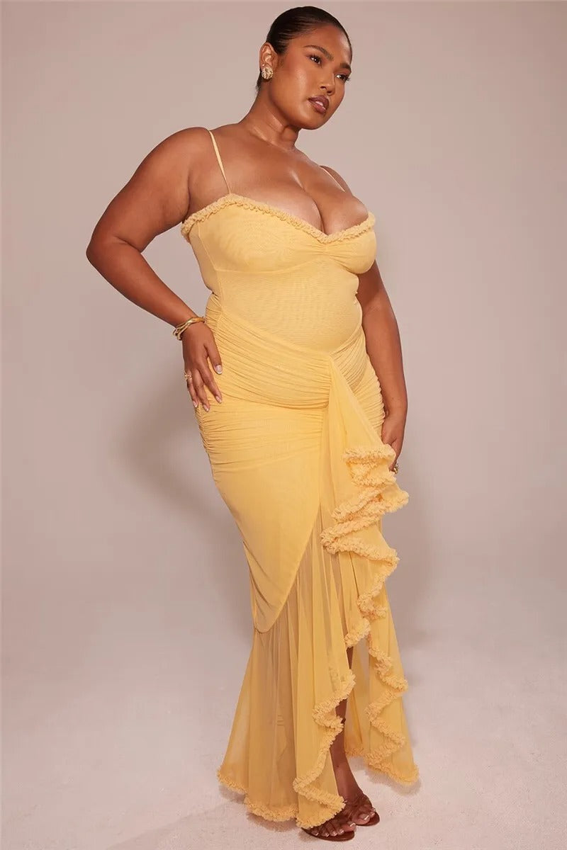 Yellow Ruffle Mesh Maxi Dress