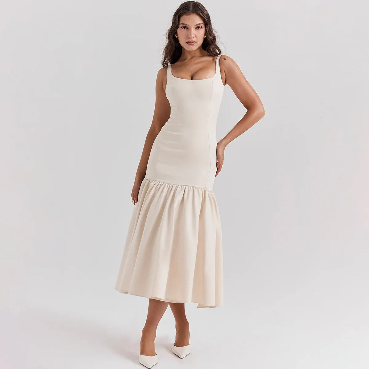 White Ruffles Slim Fishtail Midi Dress